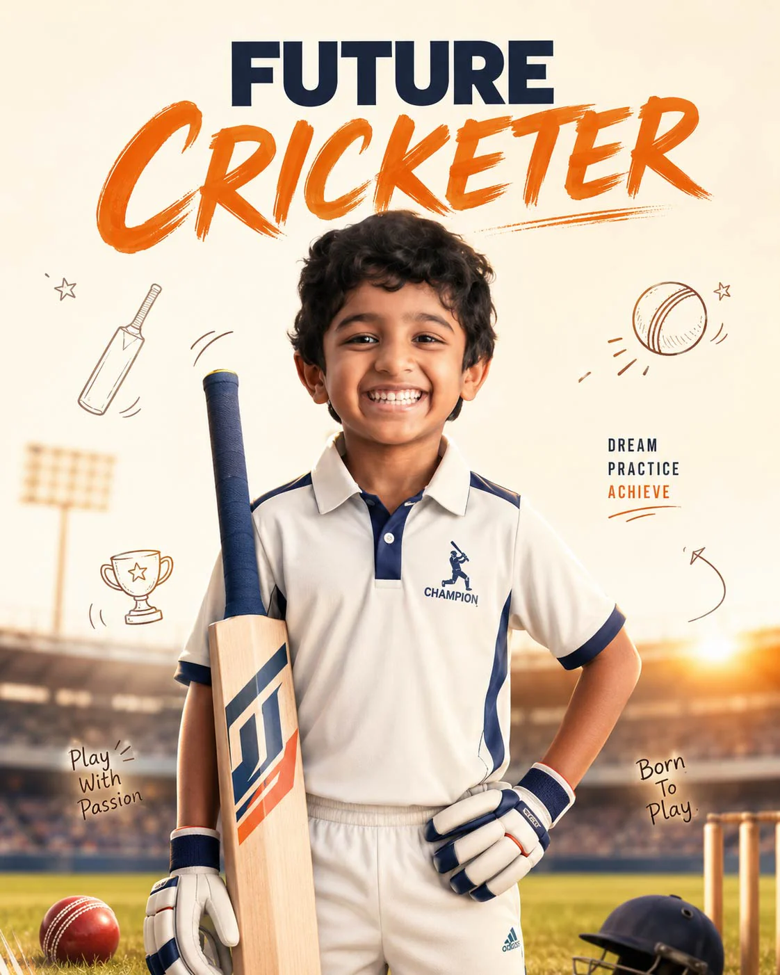 Personalized Future Cricket Champion Digital Portrait for Kids | Custom Cricket Theme Sports Artwork Gift - Image 3