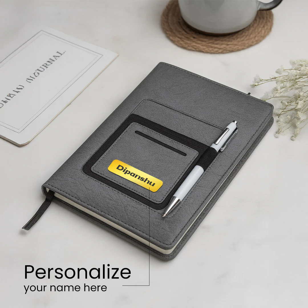 Personalized Grey Notebook with Pen Holder - Image 2