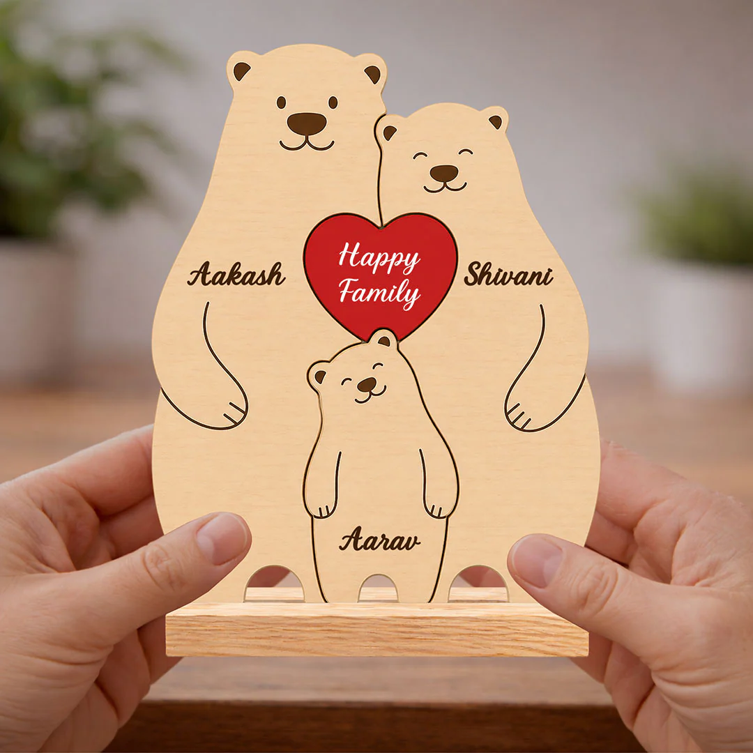 Personalized Happy Family Bear Wooden Table Stand | Custom Name Family Décor Gift(6x7.5")
