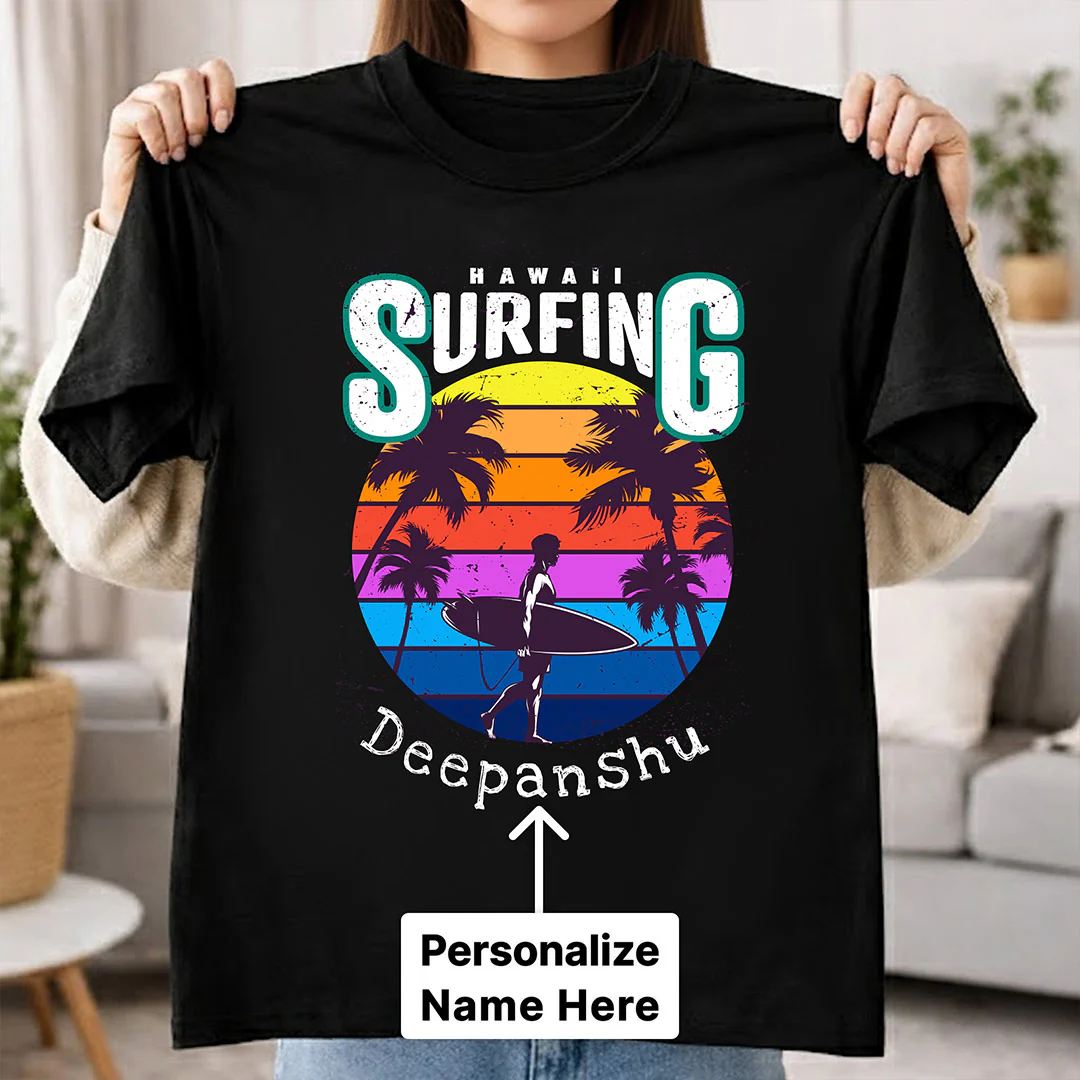 Personalized Hawaii Surfing Black T-Shirt - Image 3