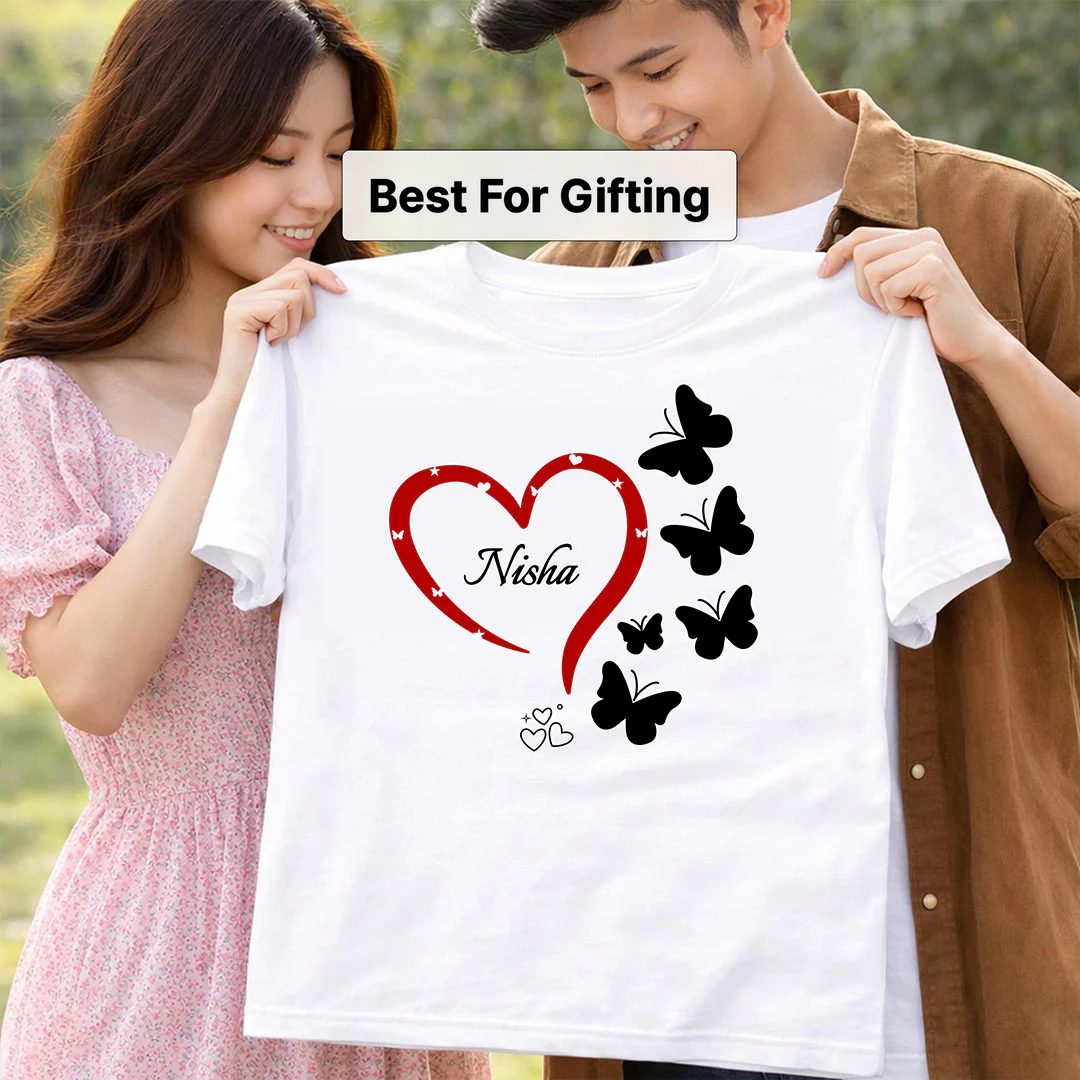 Personalized Heart & Butterfly Print White T-Shirt - Image 3