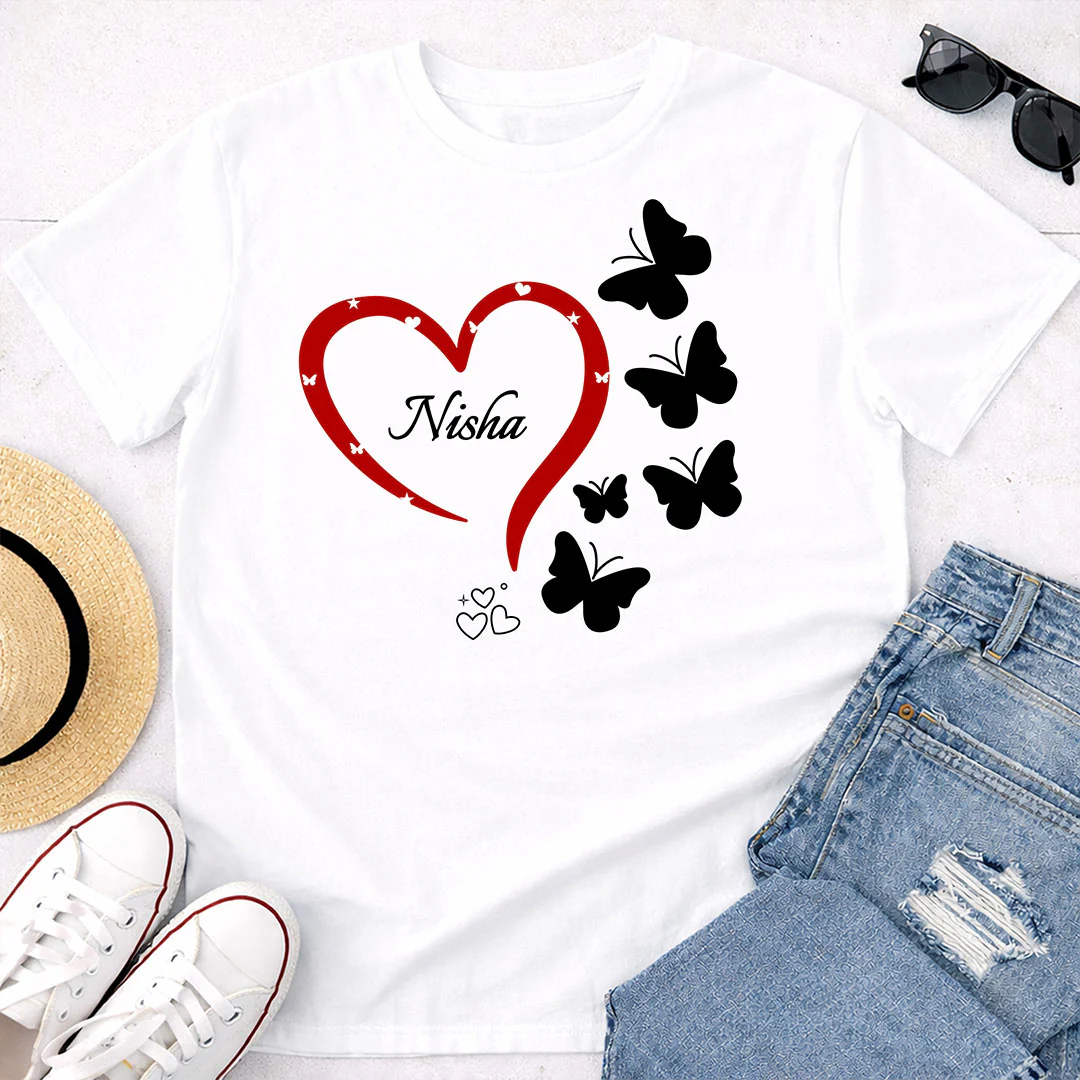 Personalized Heart & Butterfly Print White T-Shirt - Image 4