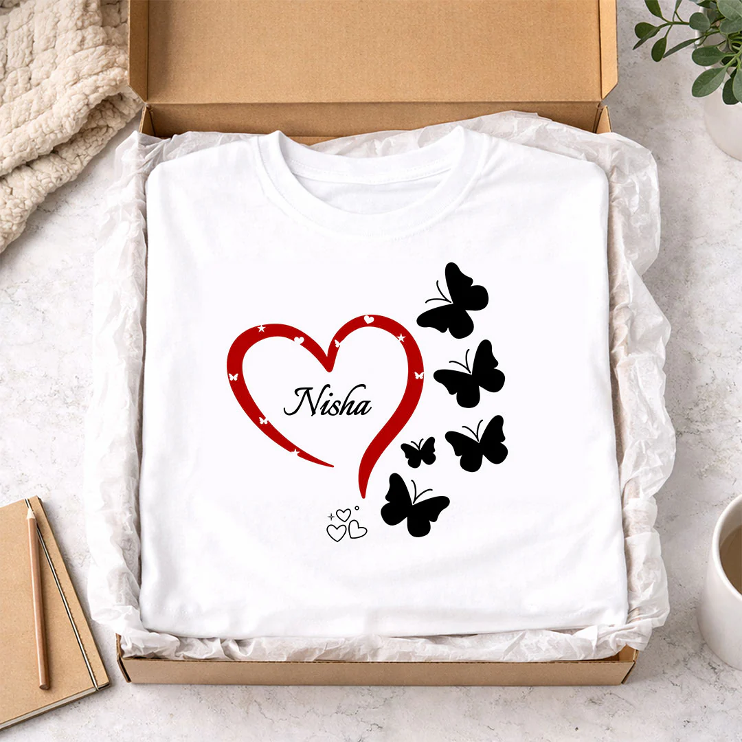 Personalized Heart & Butterfly Print White T-Shirt - Image 5