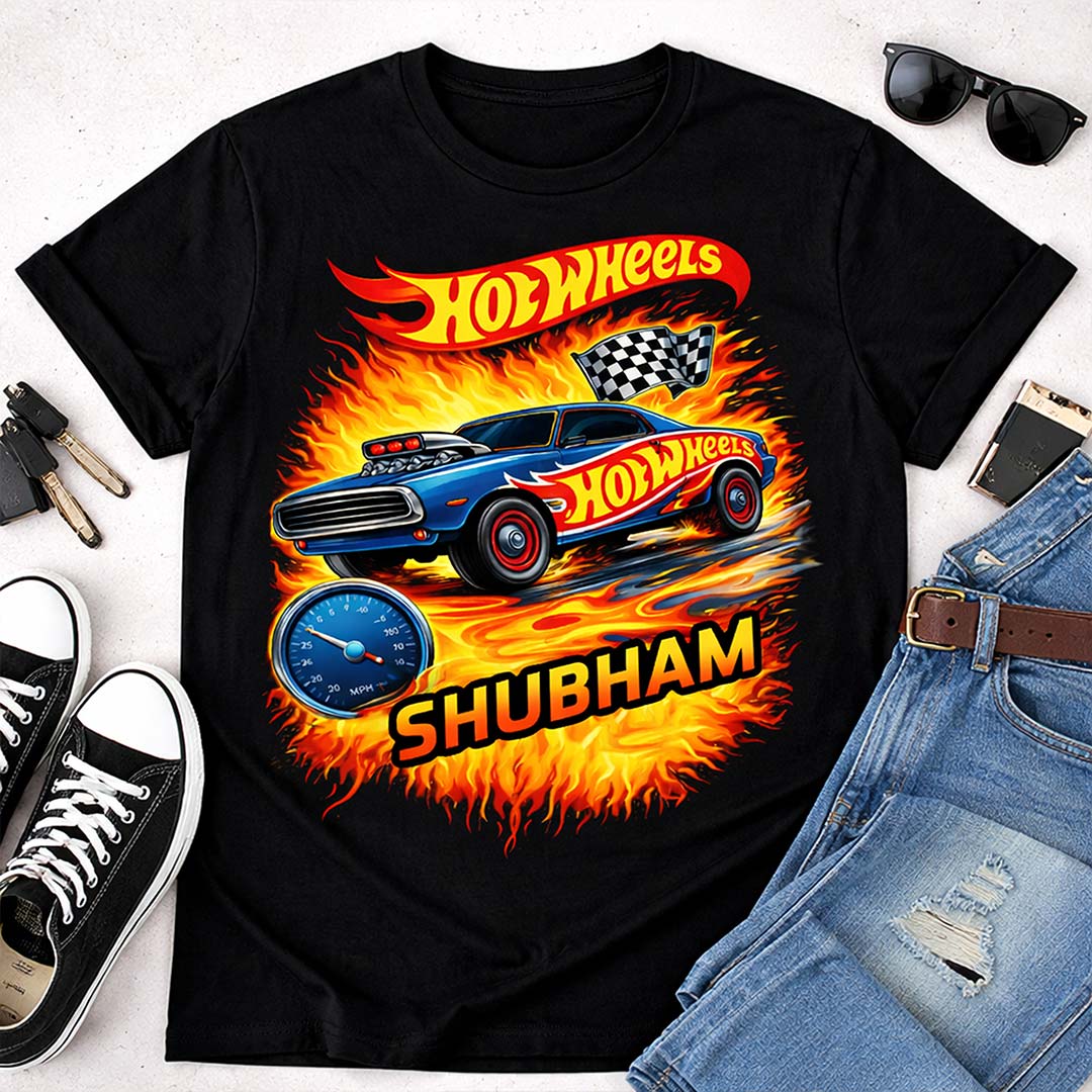 Personalized Hot Wheels Racing Car Print Black T-Shirt - Image 3
