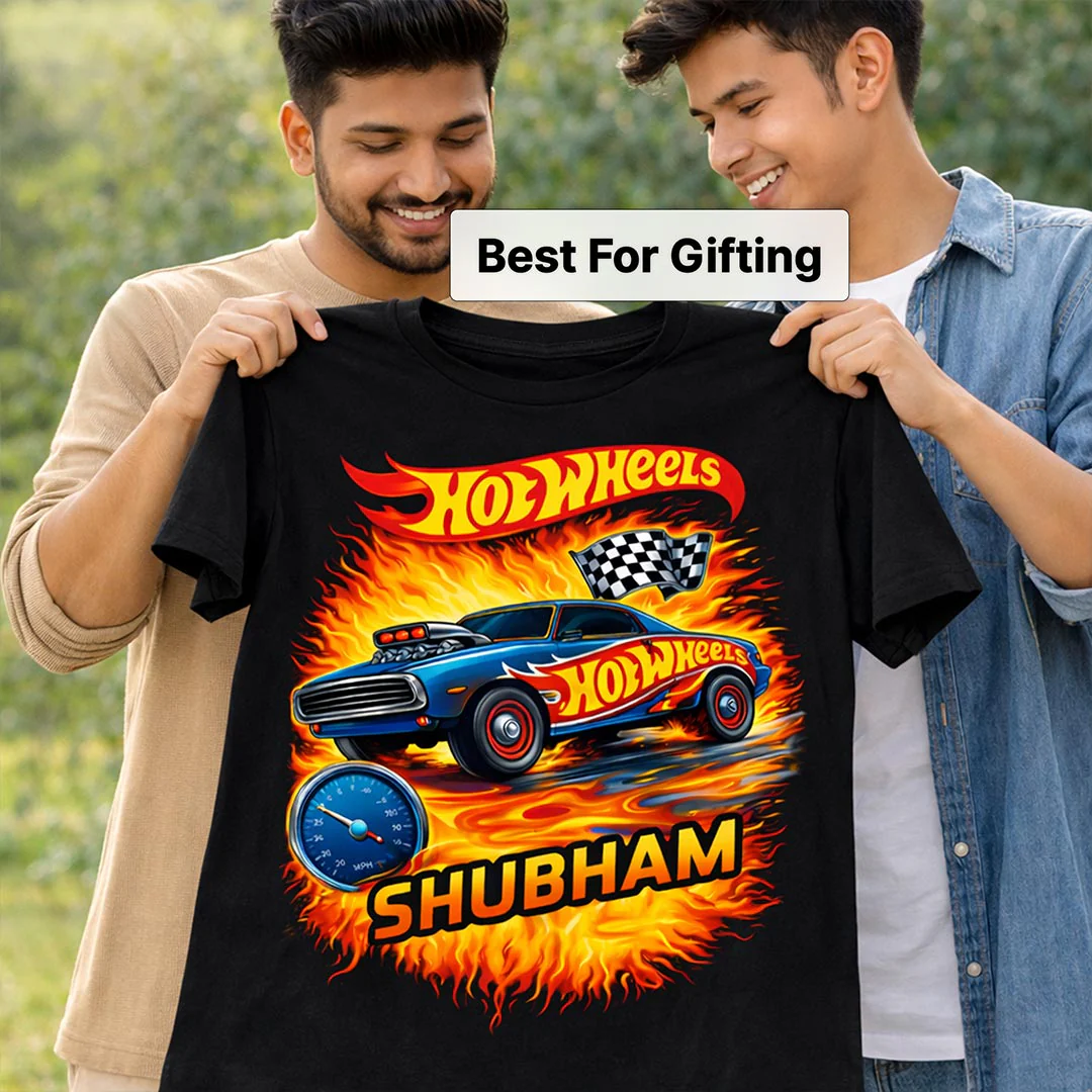 Personalized Hot Wheels Racing Car Print Black T-Shirt - Image 4