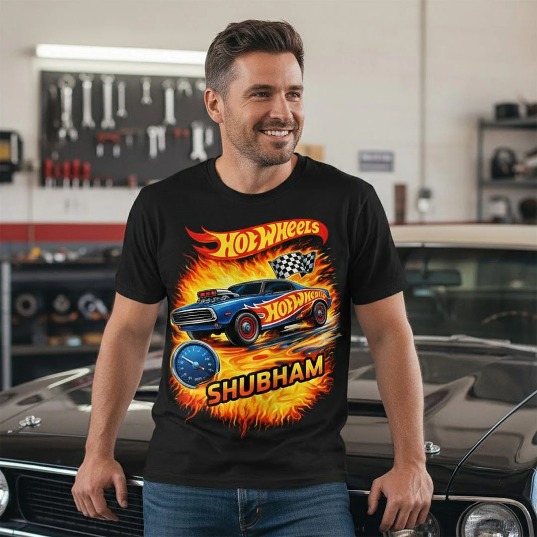 Personalized Hot Wheels Racing Car Print Black T-Shirt - Image 5