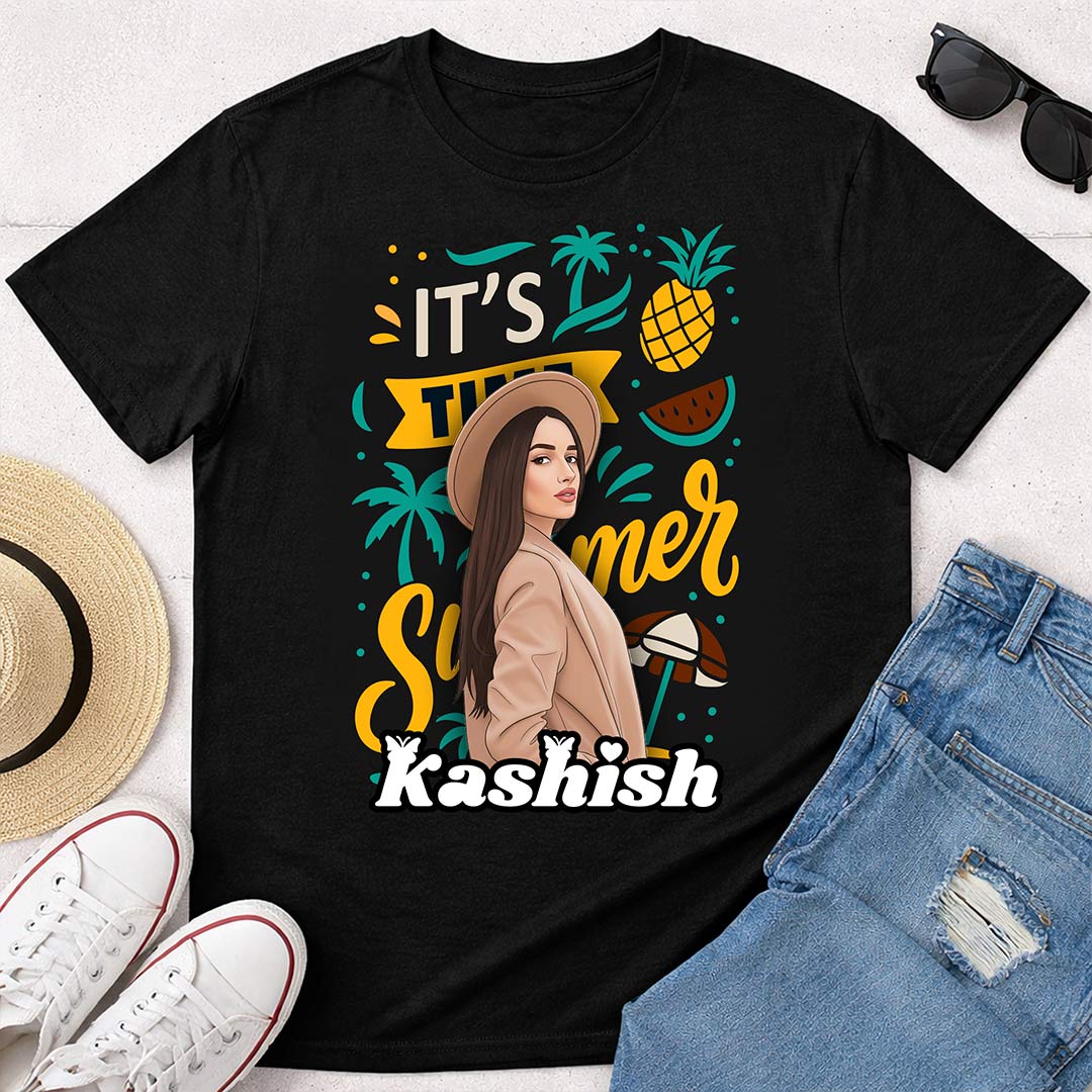 Personalized It’s Summer Cartoon Portrait Black T-Shirt