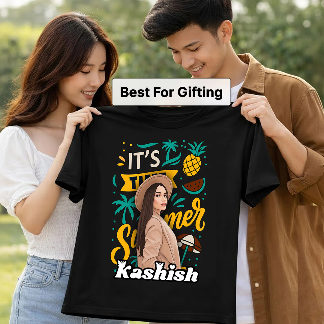Personalized It’s Summer Cartoon Portrait Black T-Shirt - Image 3