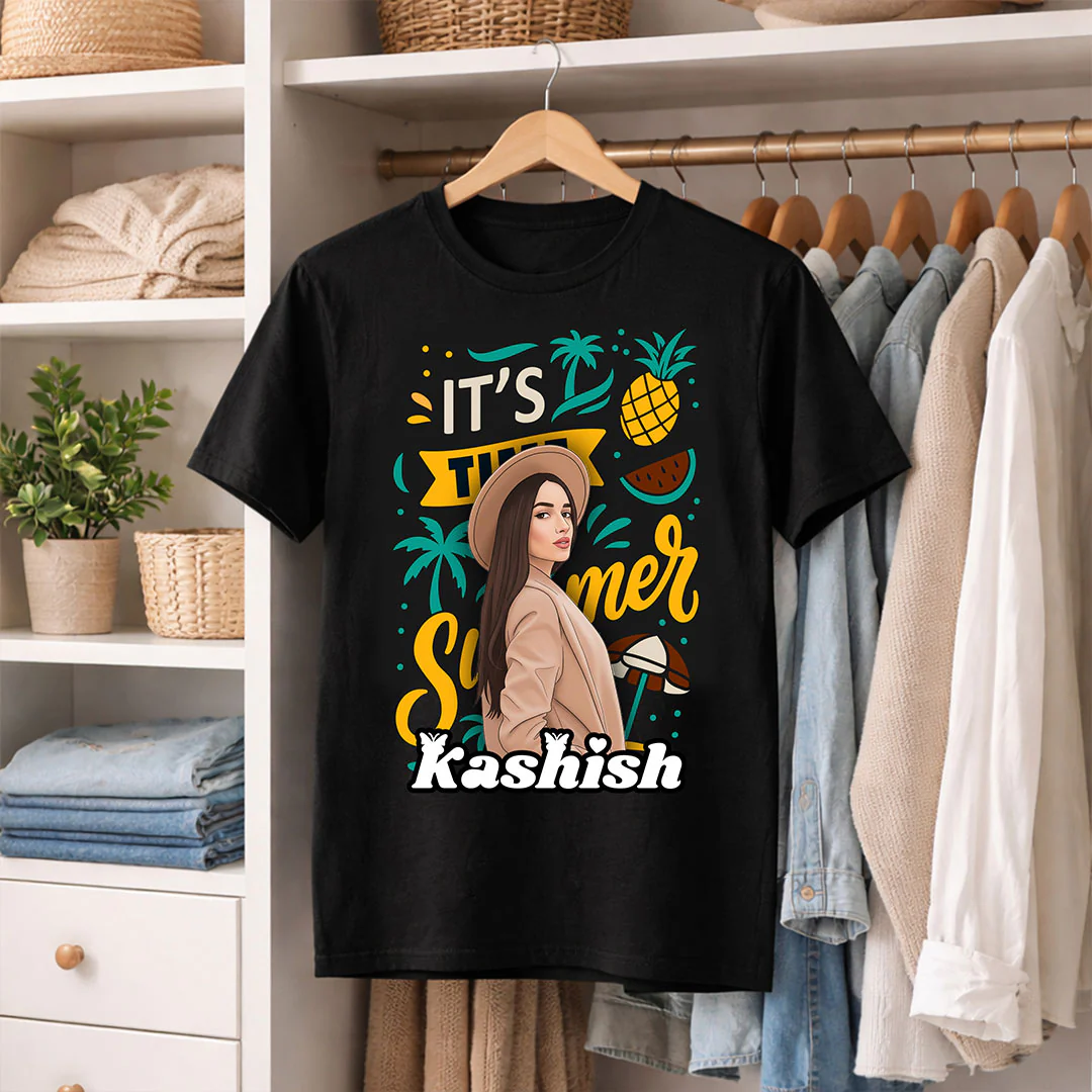 Personalized It’s Summer Cartoon Portrait Black T-Shirt - Image 4