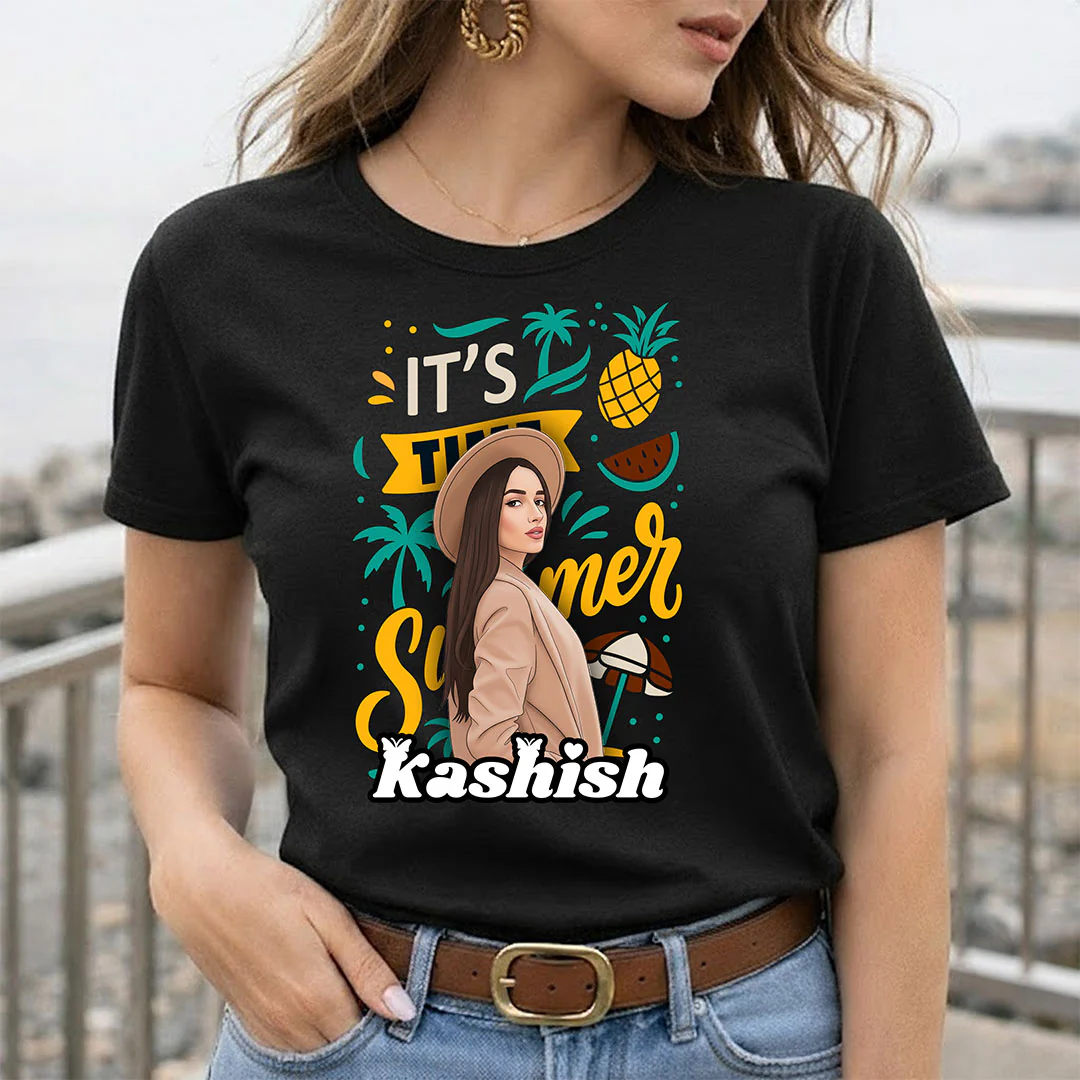 Personalized It’s Summer Cartoon Portrait Black T-Shirt - Image 5