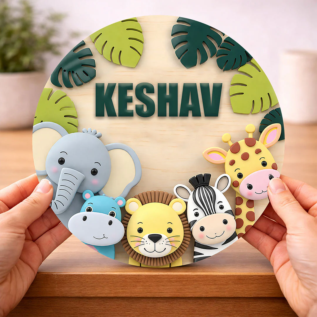 Personalized Kids Name Wooden Door Sign with Cute Animal Theme(8x8")