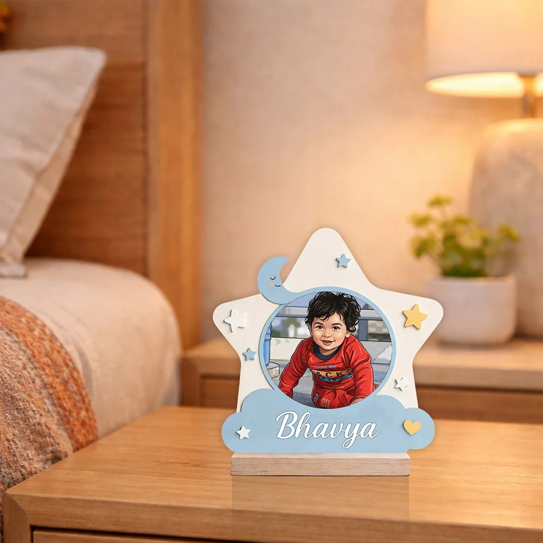 Personalized Kids Photo Name Star Table Top with Custom Cartoon Design (6x6")