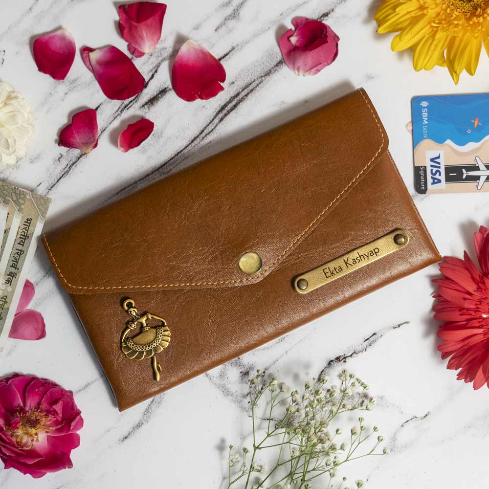 Personalized Ladies Clutch With Charm - Light Brown