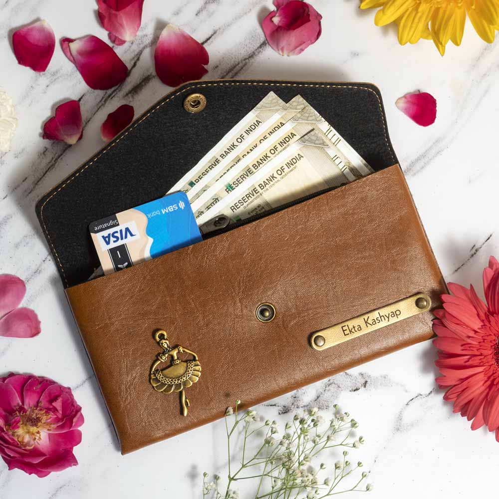 Personalized Ladies Clutch With Charm - Light Brown - Image 2
