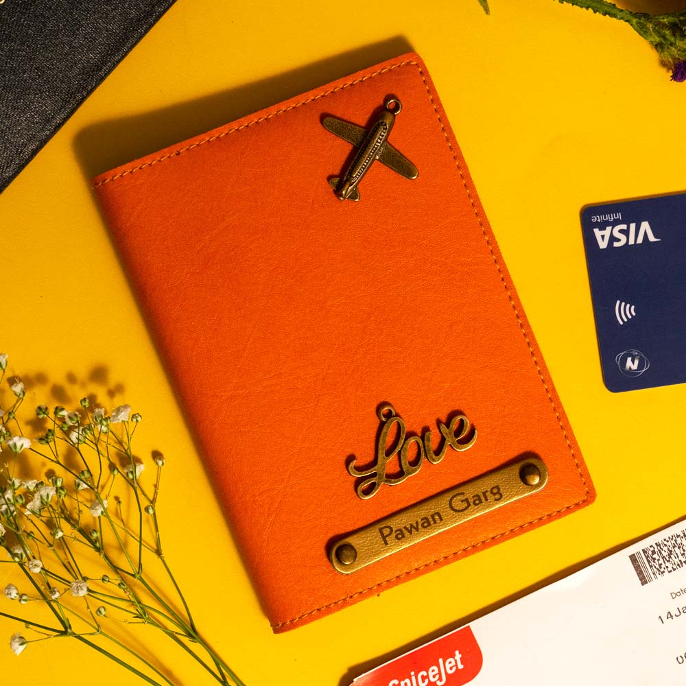 Personalized Leather Passport Cover With Name & Charm - Orange