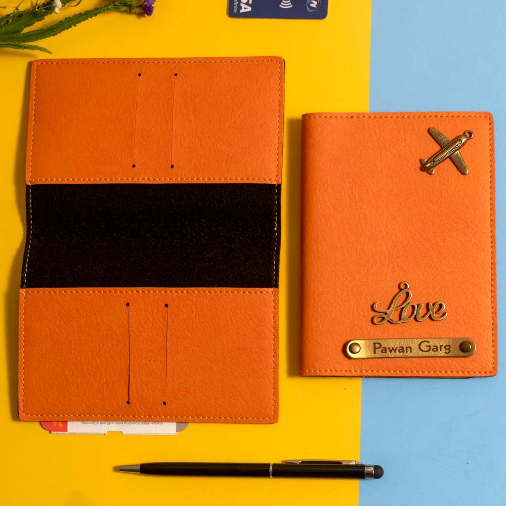 Personalized Leather Passport Cover With Name & Charm - Orange - Image 2