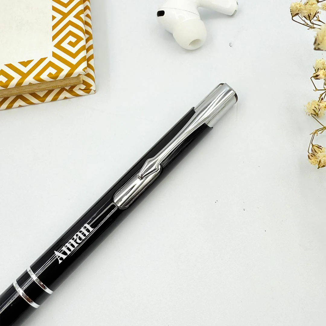 Personalized Pen Push & Pull Black Body with Silver Clip - Image 2