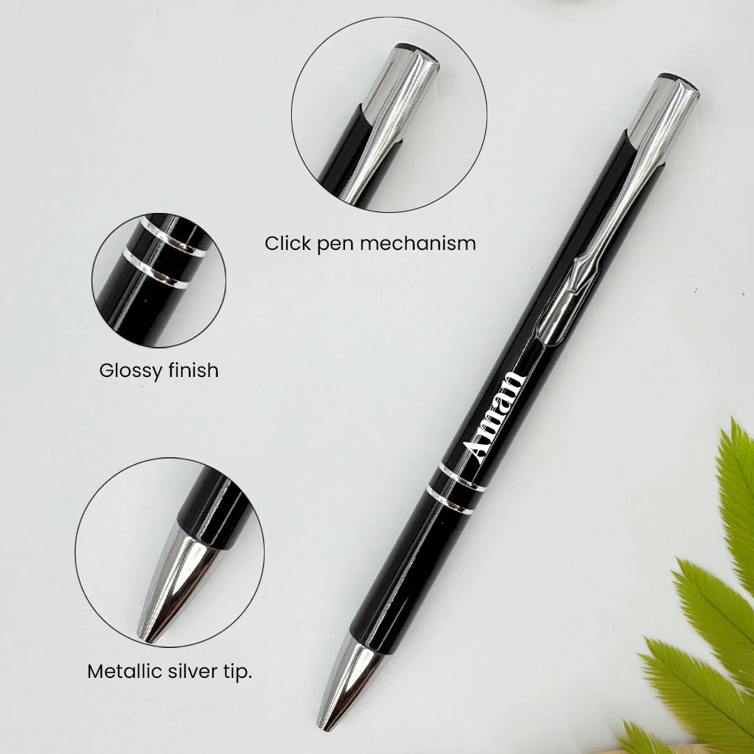 Personalized Pen Push & Pull Black Body with Silver Clip - Image 4
