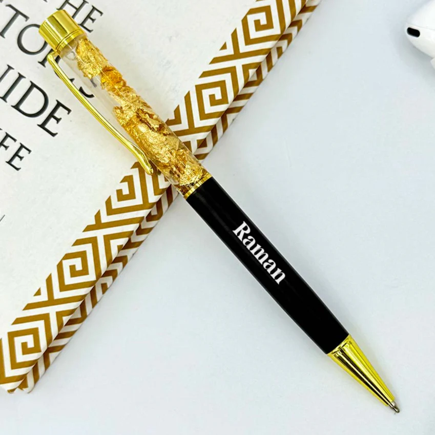 Personalized Pen Transparent Filled With Golden Foil Flakes