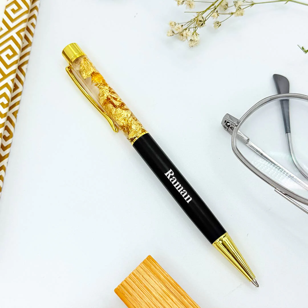 Personalized Pen Transparent Filled With Golden Foil Flakes - Image 2