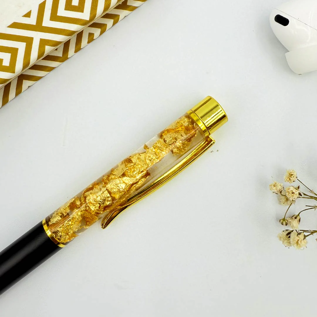 Personalized Pen Transparent Filled With Golden Foil Flakes - Image 3
