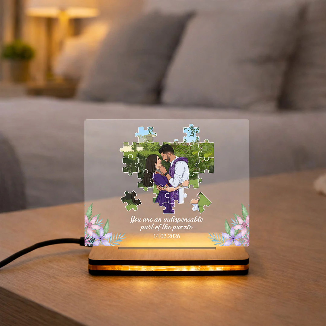 Personalized Puzzle Couple LED Acrylic Lamp | Romantic Anniversary Gift for Couples - 8x6"