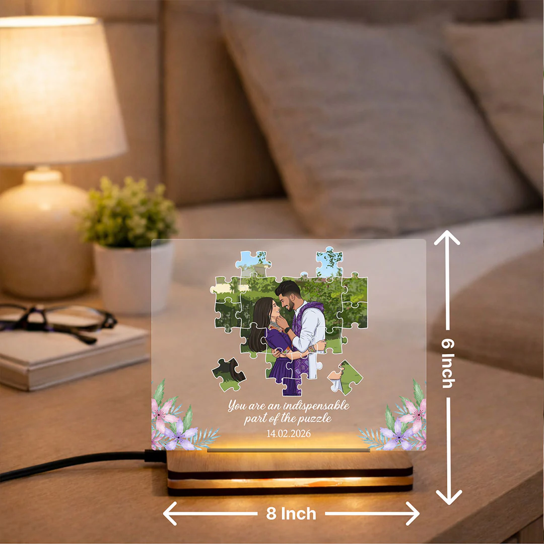 Personalized Puzzle Couple LED Acrylic Lamp | Romantic Anniversary Gift for Couples - 8x6" - Image 2