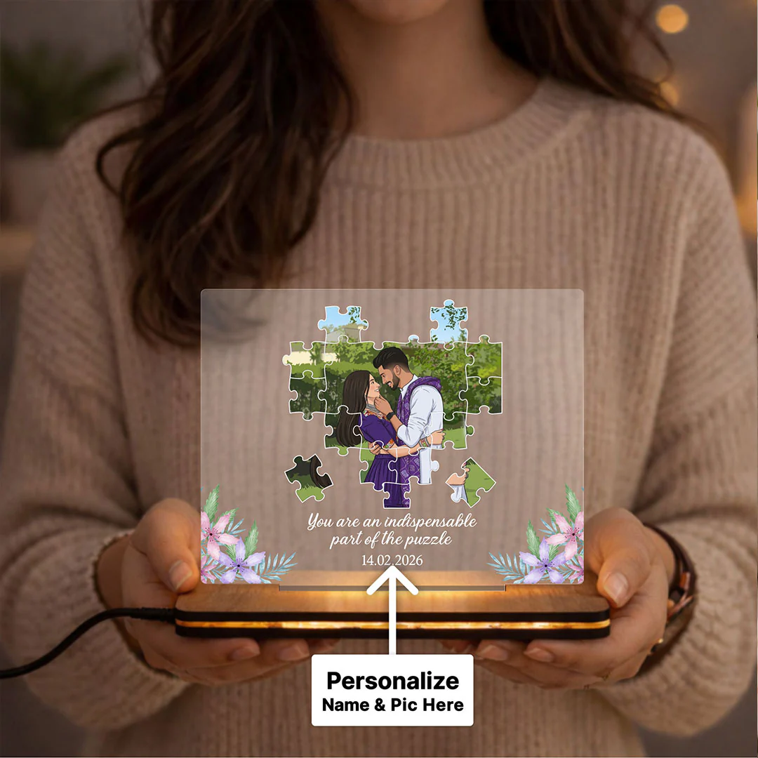 Personalized Puzzle Couple LED Acrylic Lamp | Romantic Anniversary Gift for Couples - 8x6" - Image 3