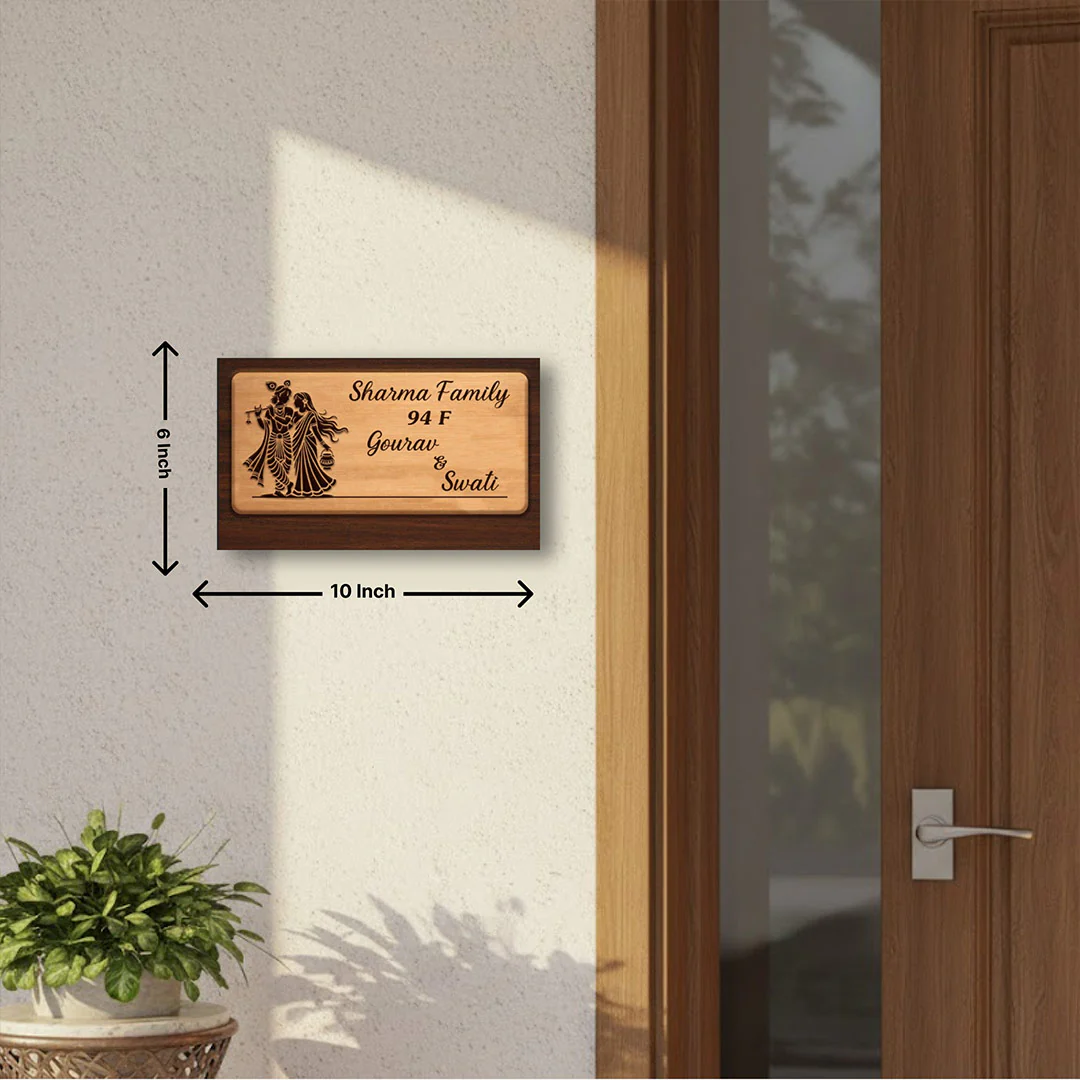 Personalized Radha Krishna Wooden Name Plate for Home Entrance-10x6" - Image 2