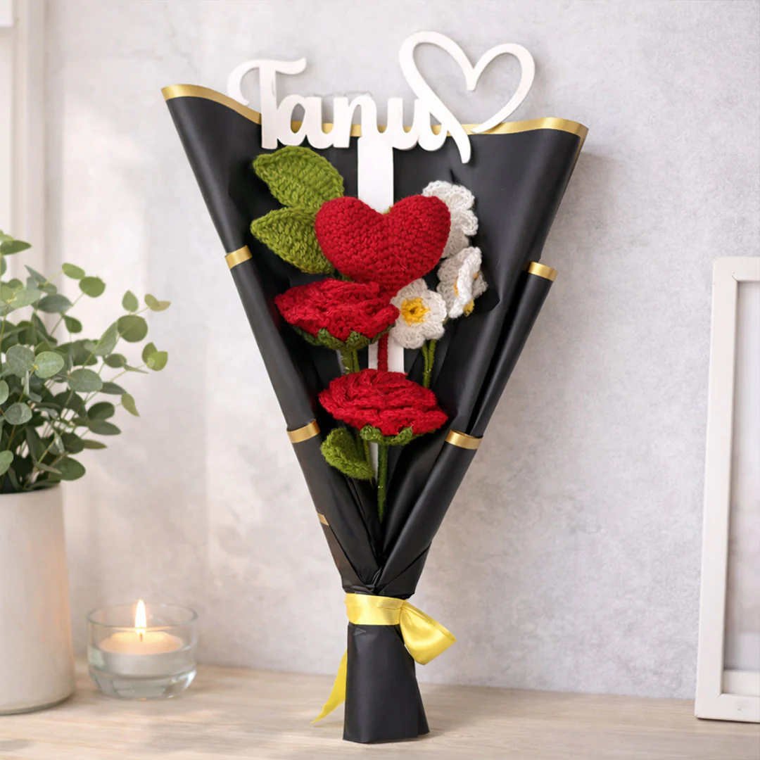 Personalized Red Rose & Heart Crochet Bouquet – Handmade Forever Love Gift - Image 4