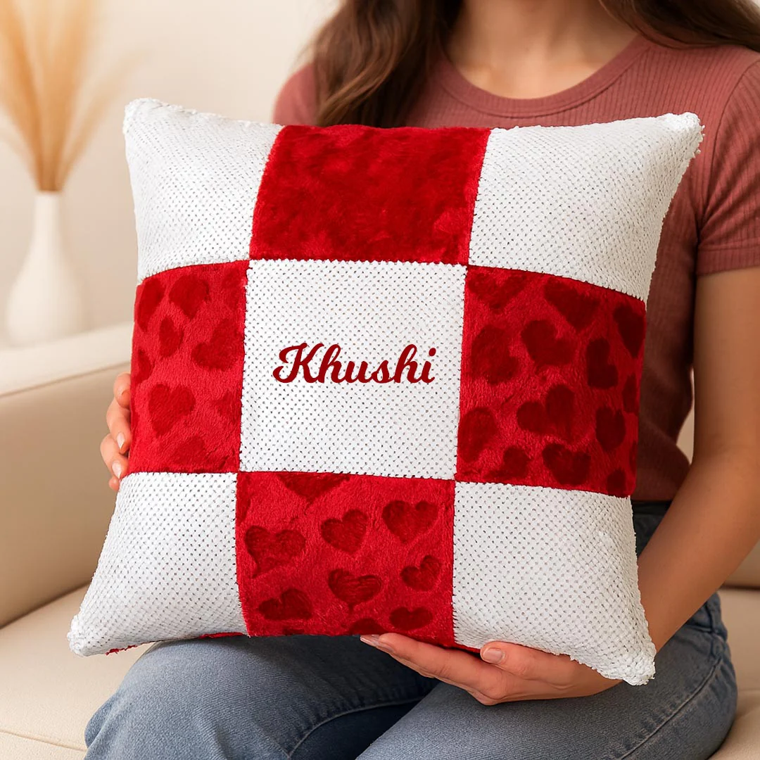 Personalized Red & White Velvet Cushion - Image 3