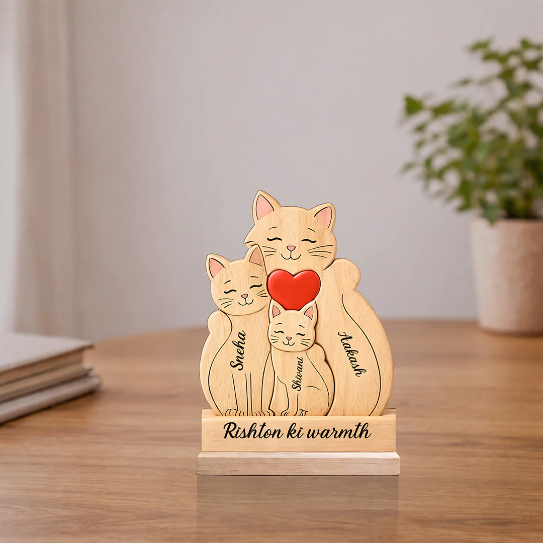 Personalized “Rishton Ki Warmth” Wooden Family Cats Name Stand (5x7")