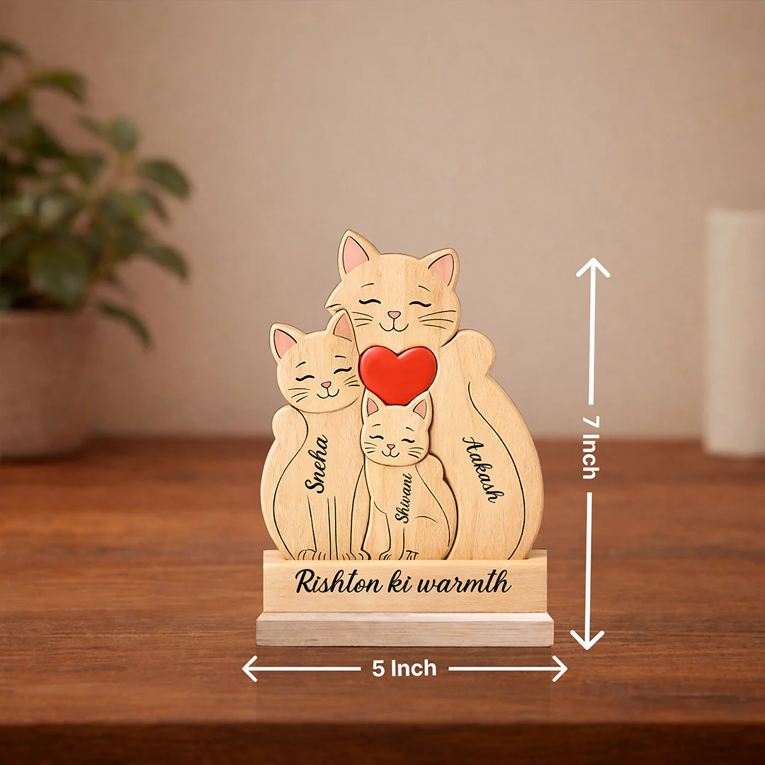 Personalized “Rishton Ki Warmth” Wooden Family Cats Name Stand (5x7") - Image 3