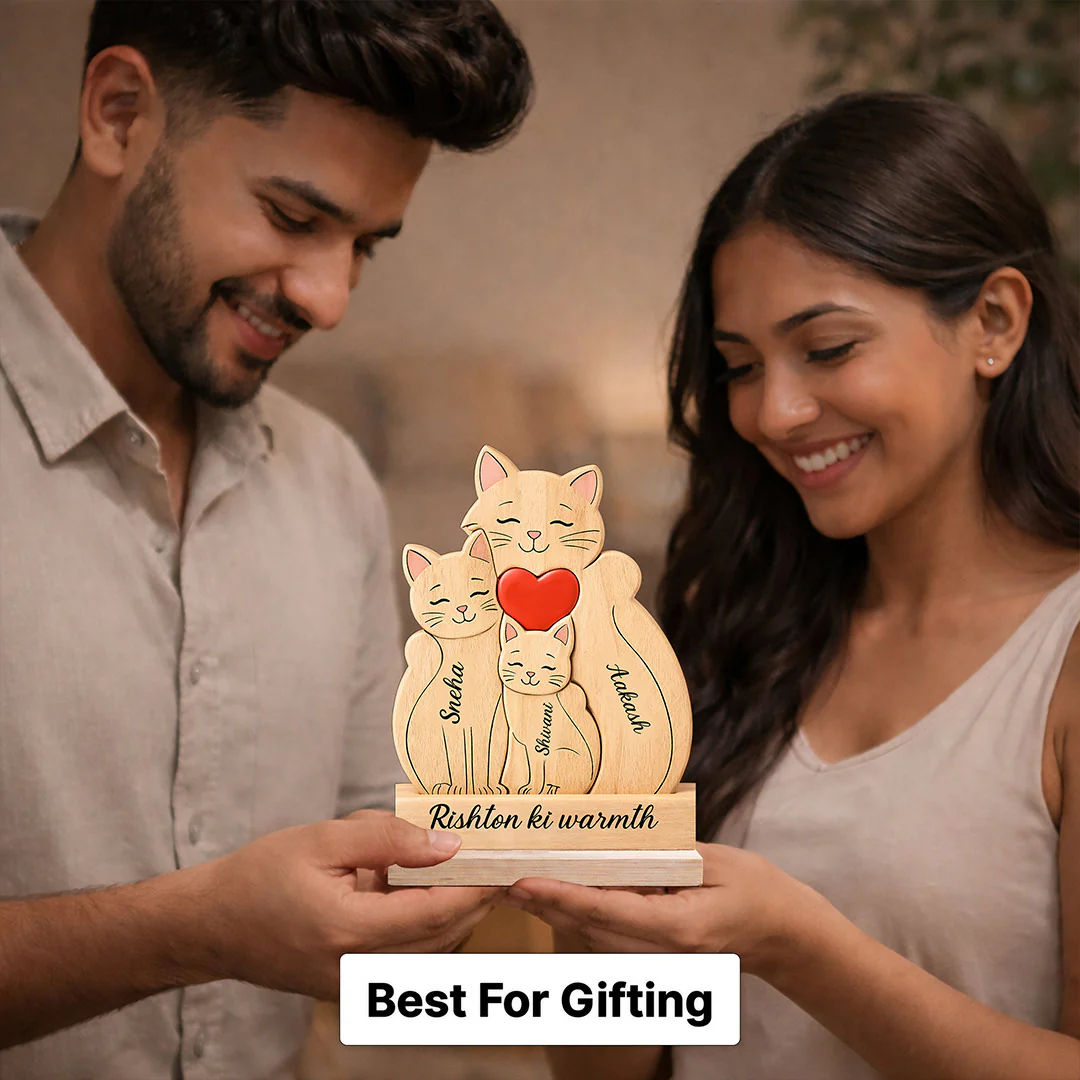 Personalized “Rishton Ki Warmth” Wooden Family Cats Name Stand (5x7") - Image 4