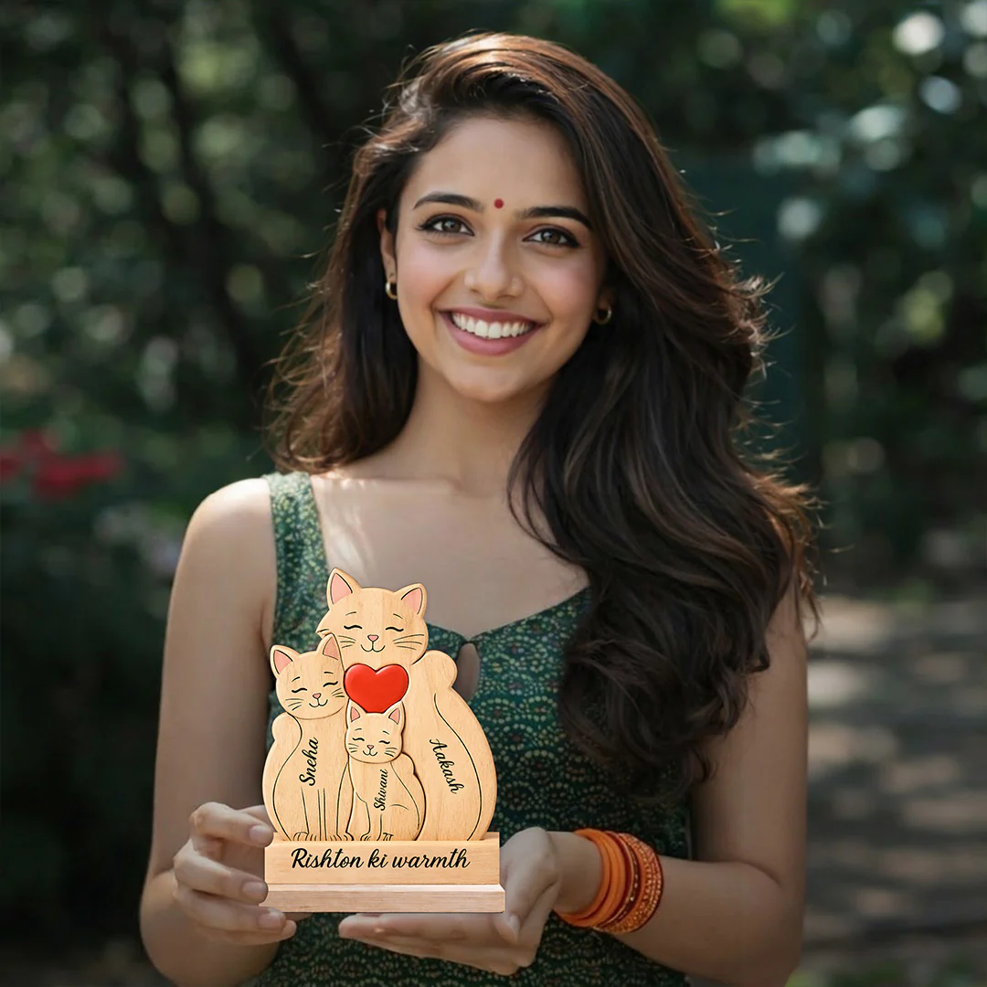 Personalized “Rishton Ki Warmth” Wooden Family Cats Name Stand (5x7") - Image 5
