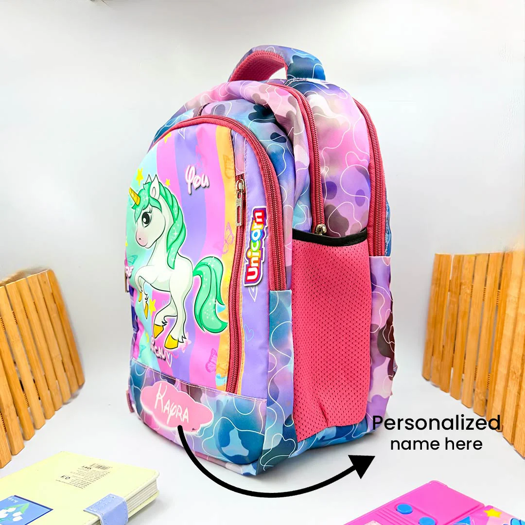 Unicorn Personalized School Kids Combo - School Bag| Lunch Box | Water Bottle | Geometry| Pencil Box - Image 2