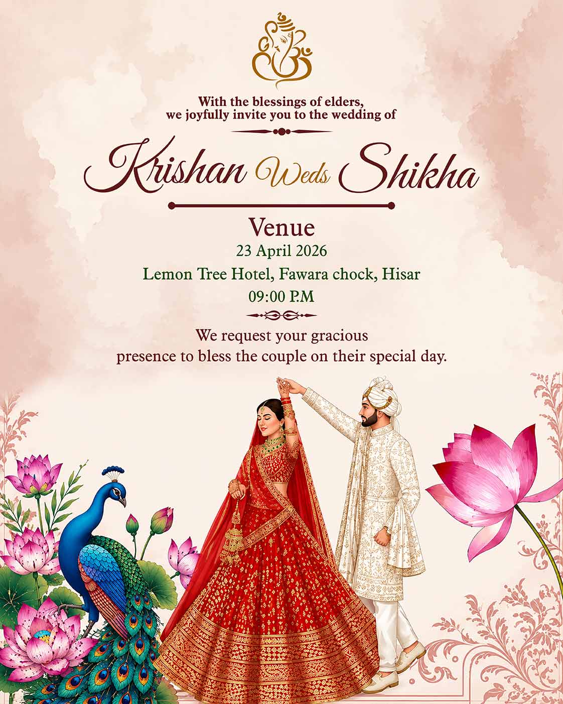 Personalized Shubh Vivaah Digital Invitation Card | Custom Couple Details & Marriage Ceremony Information | Elegant Hindu E-Invite Design
