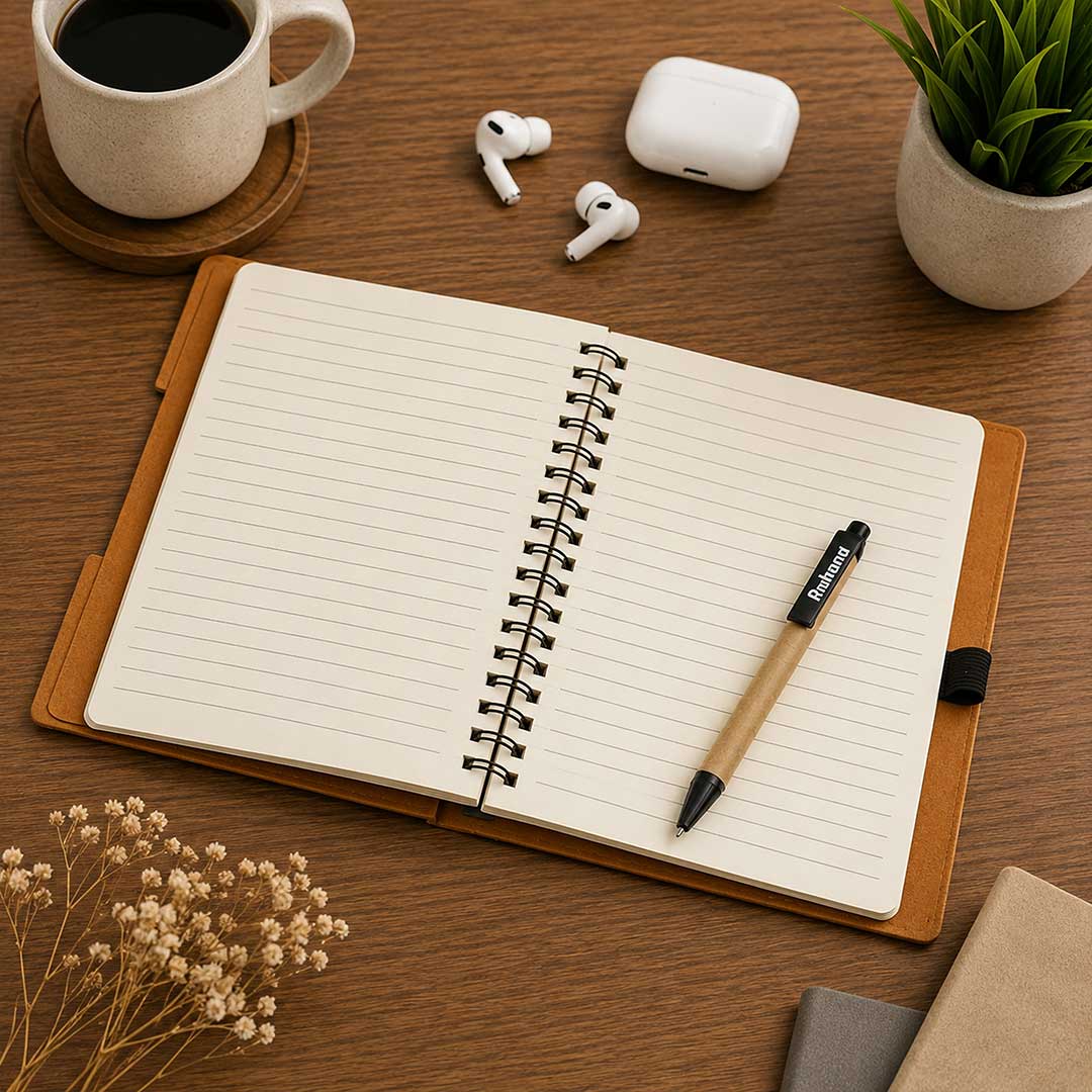 Personalized Spiral Notebook & Pen Set – 7 x 5 inches – Beige - Image 3