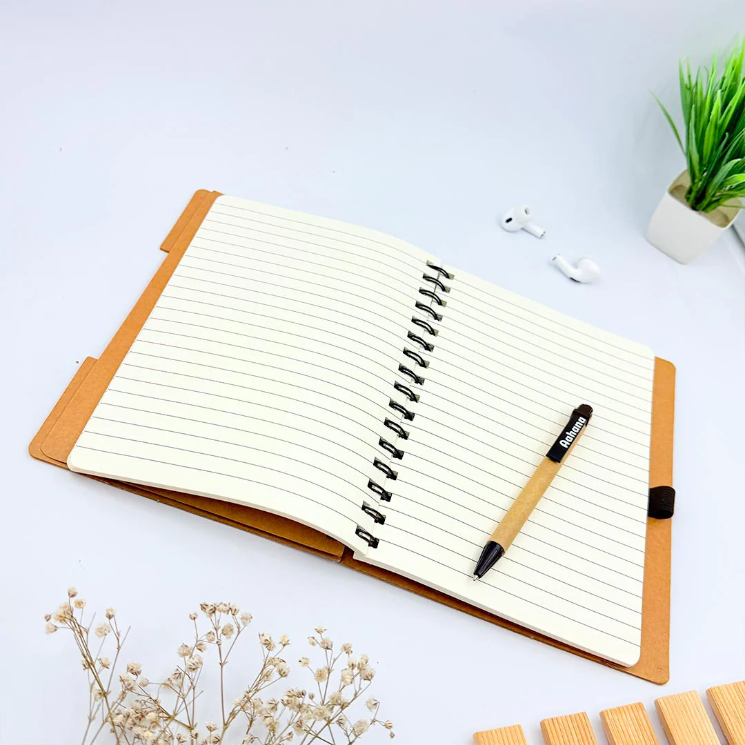 Personalized Spiral Notebook & Pen Set – 7 x 5 inches – Beige - Image 9