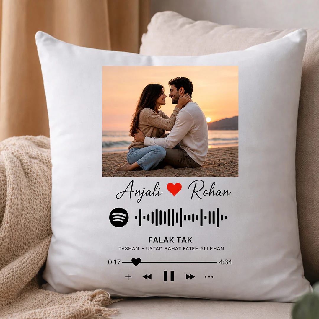 Personalized Spotify Song Photo Cushion Cover | Romantic Couple Memory Pillow Gift for Boyfriend, Girlfriend, Husband & Wife