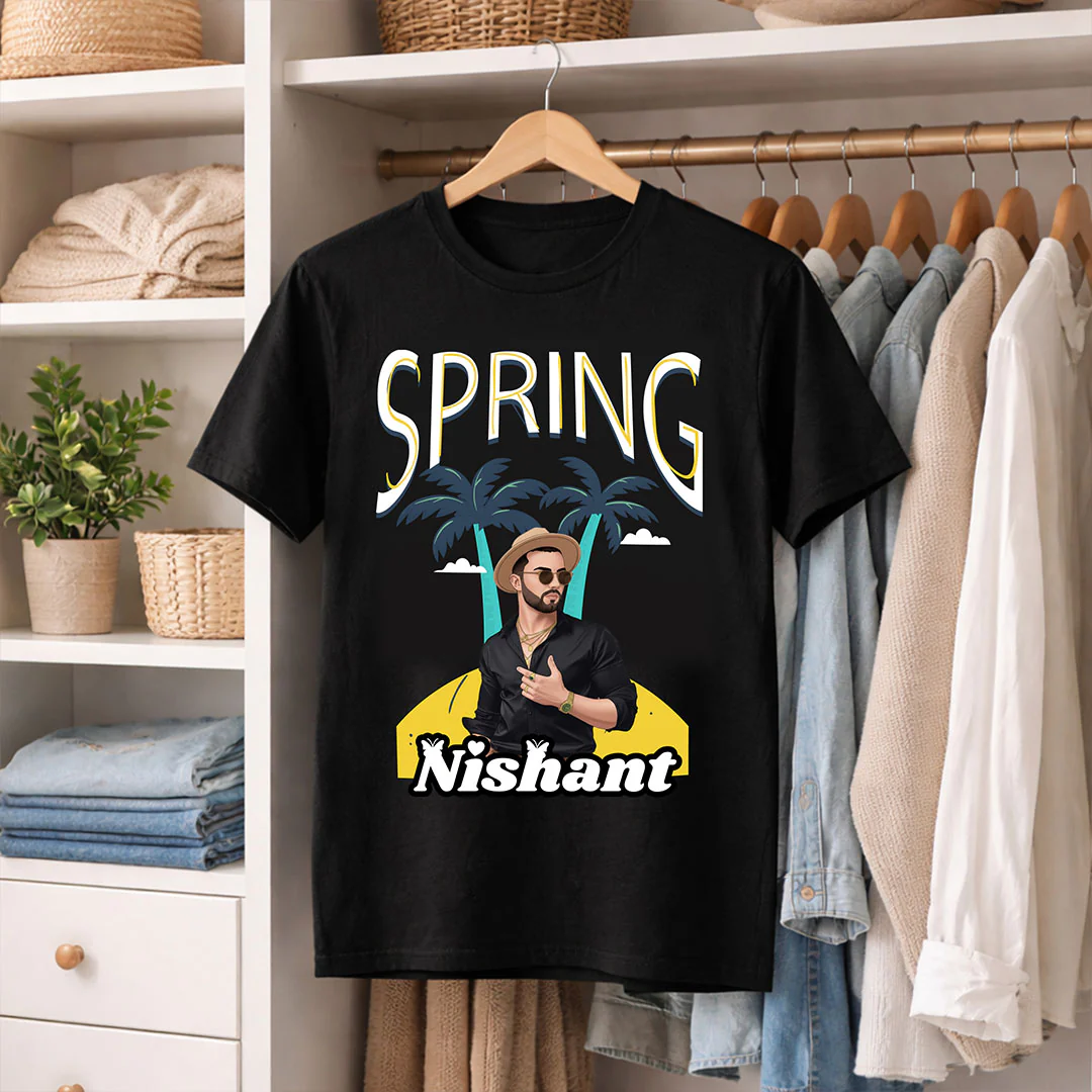 Personalized Spring Cartoon Portrait Black T-Shirt