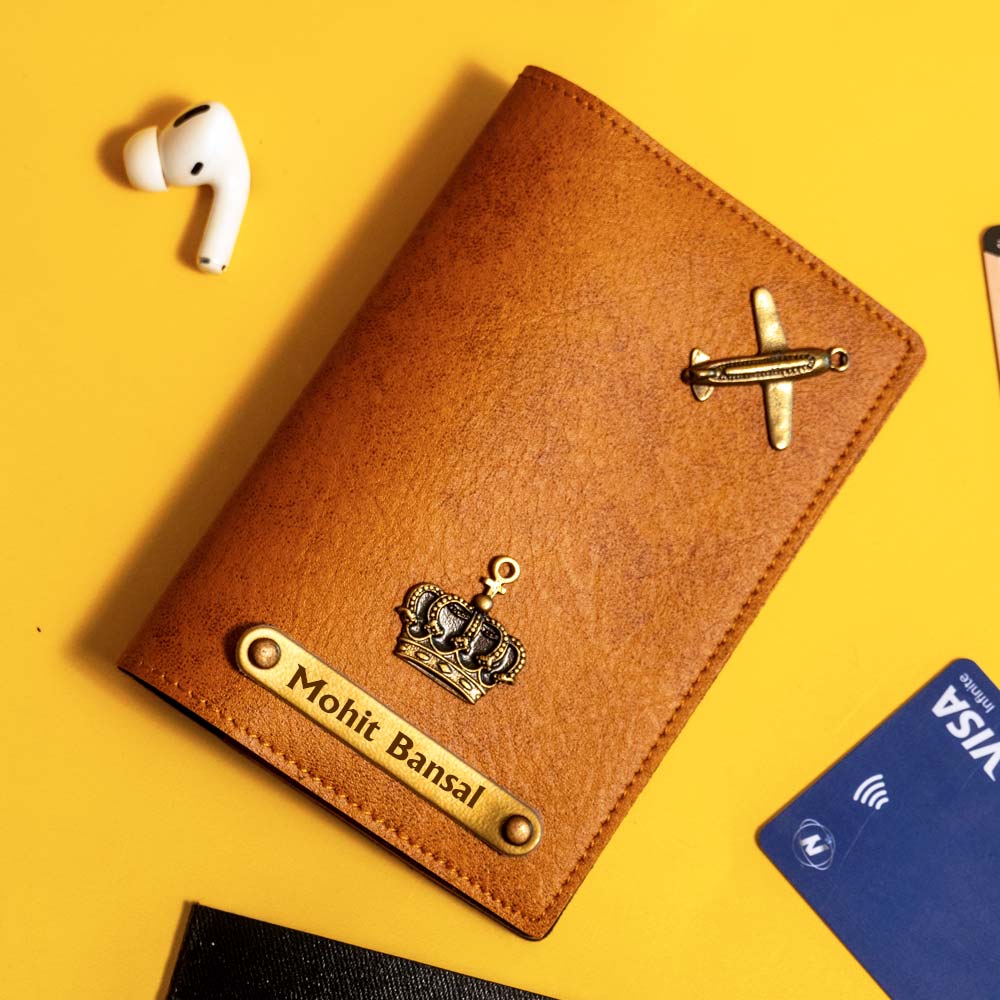 Personalized Leather Passport Cover With Name & Charm - Tan