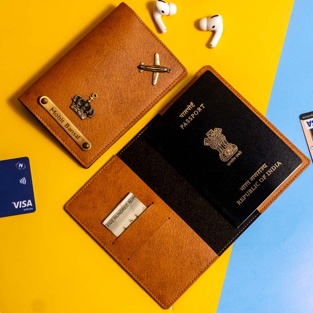 Personalized Leather Passport Cover With Name & Charm - Tan - Image 2