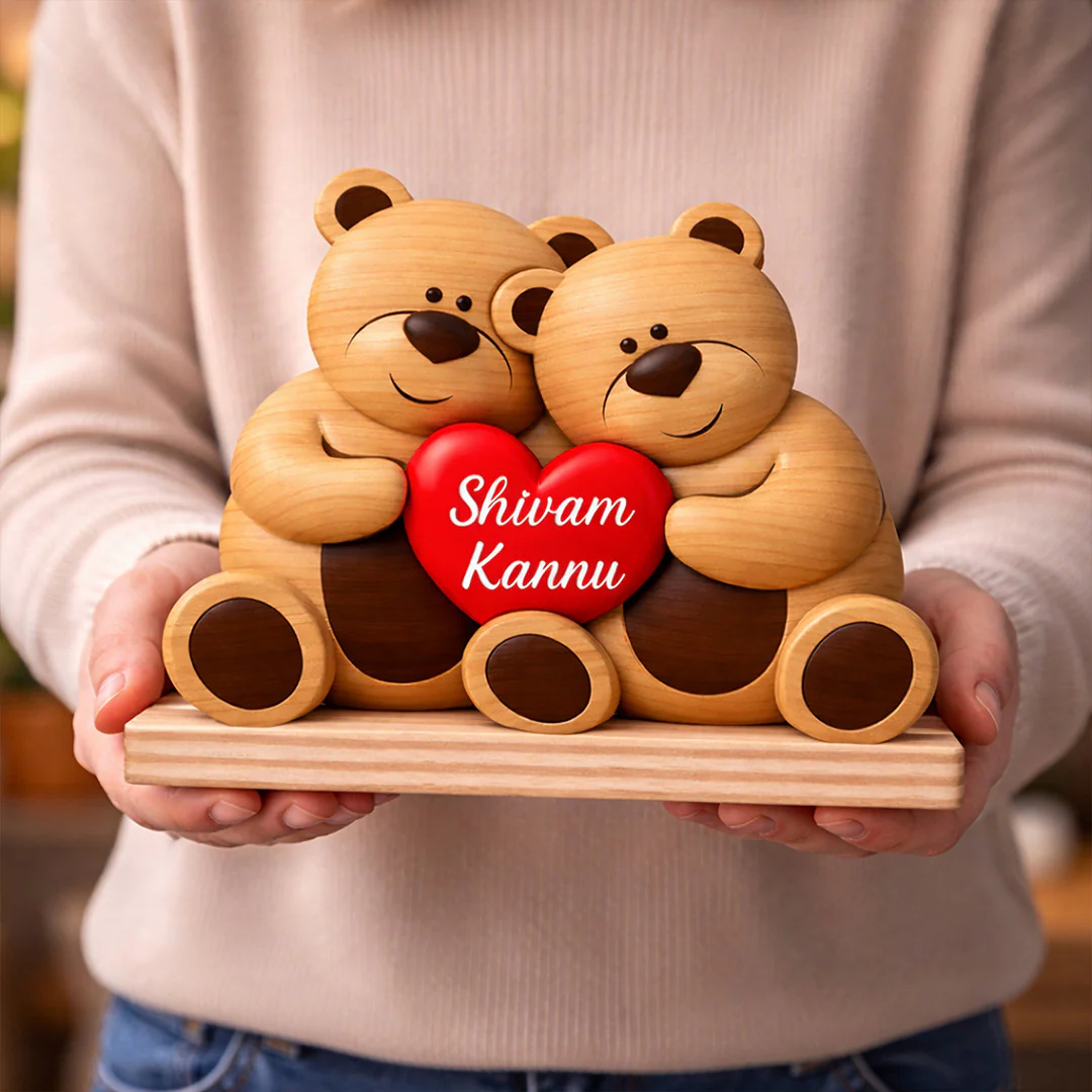 Personalized Teddy Bear Couple Wooden Name Stand