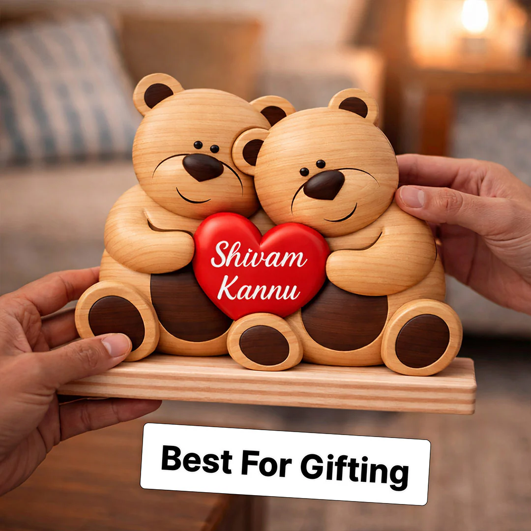 Personalized Teddy Bear Couple Wooden Name Stand - Image 3