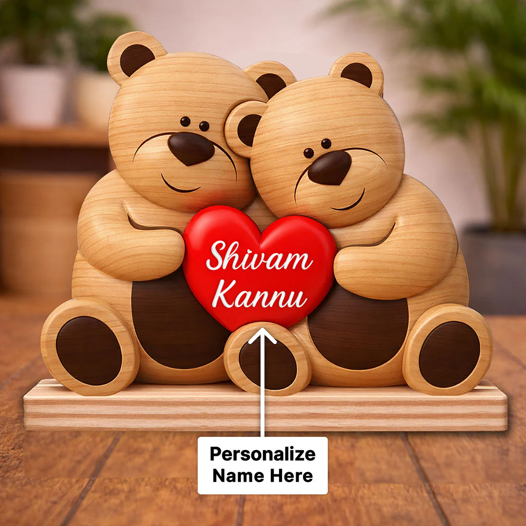 Personalized Teddy Bear Couple Wooden Name Stand - Image 4