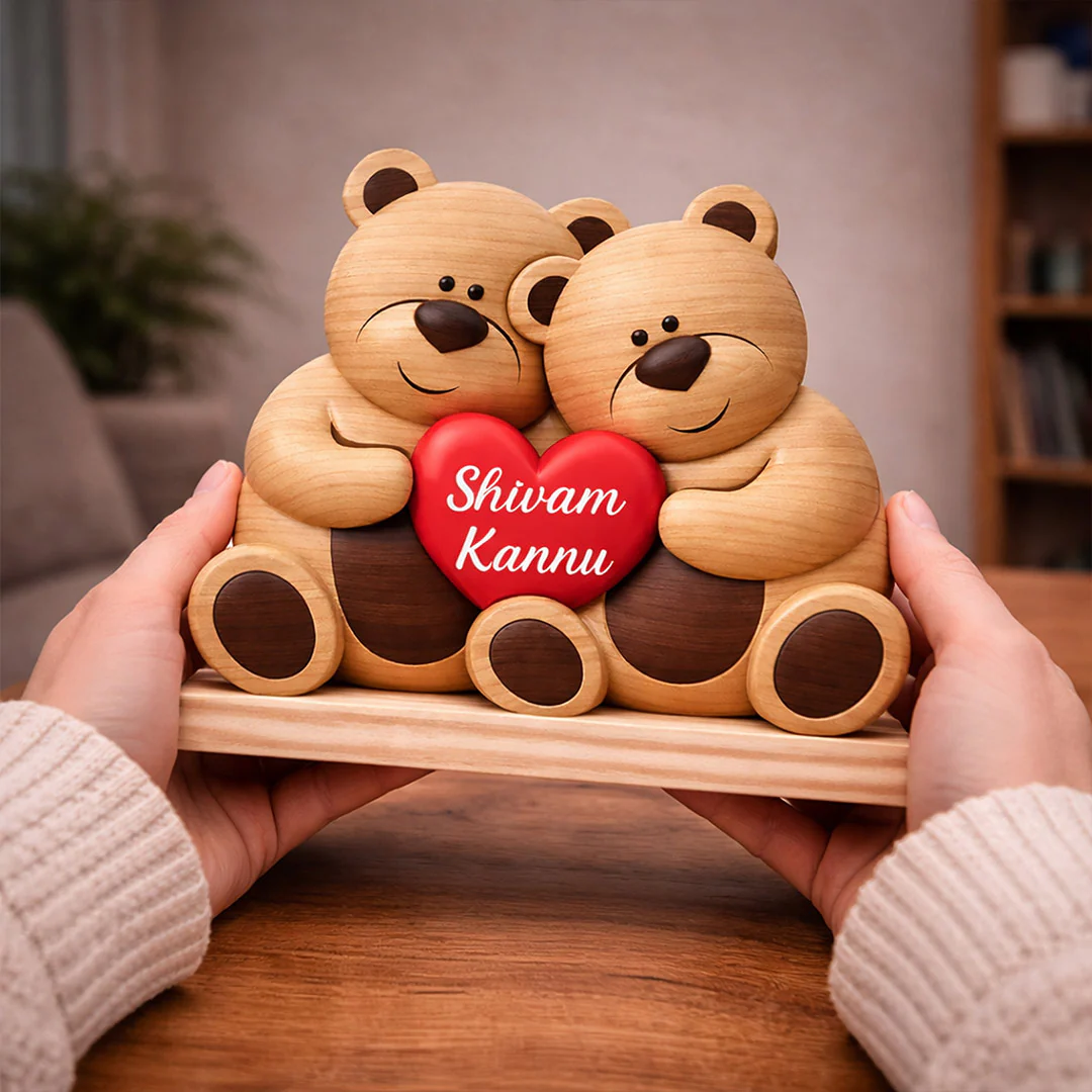 Personalized Teddy Bear Couple Wooden Name Stand - Image 5