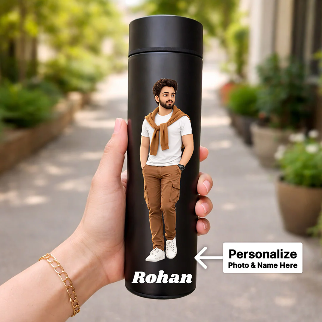 Personalized Temperature Display Water Bottle (500ml, Matte Black) for Boys, Husband & Friends - Image 2