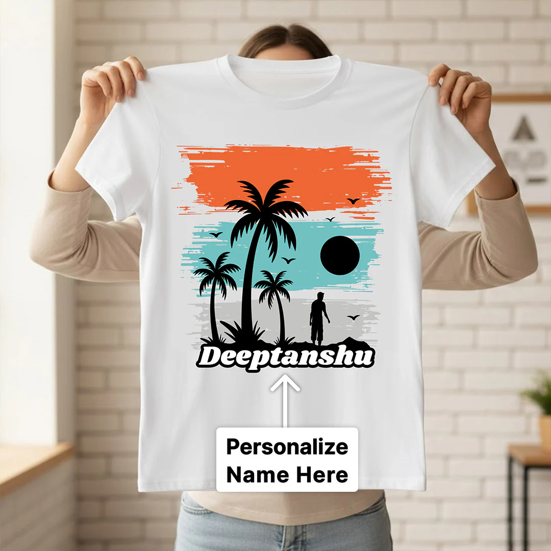 Personalized Tropical Sunset Silhouette White T-Shirt - Image 2