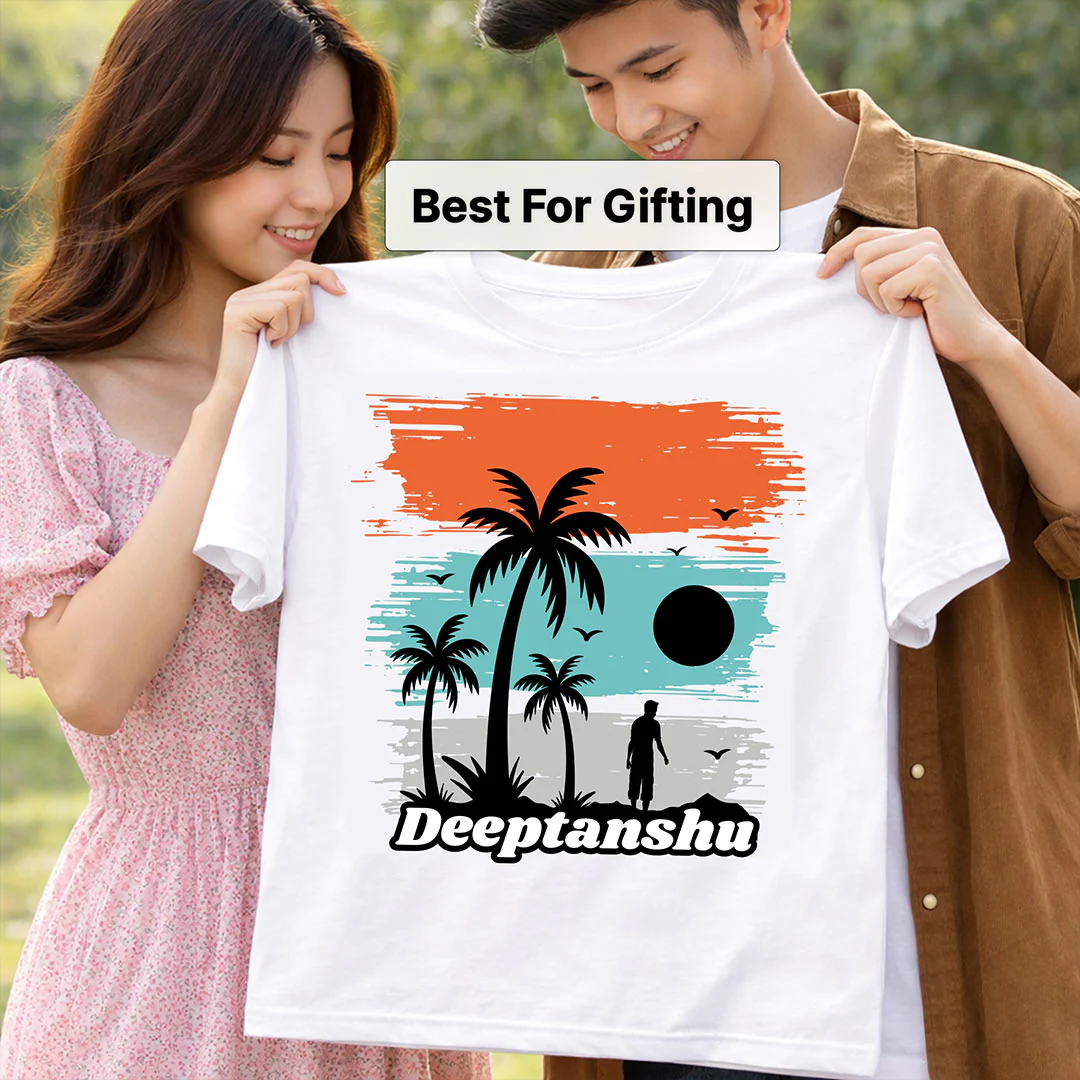 Personalized Tropical Sunset Silhouette White T-Shirt - Image 3